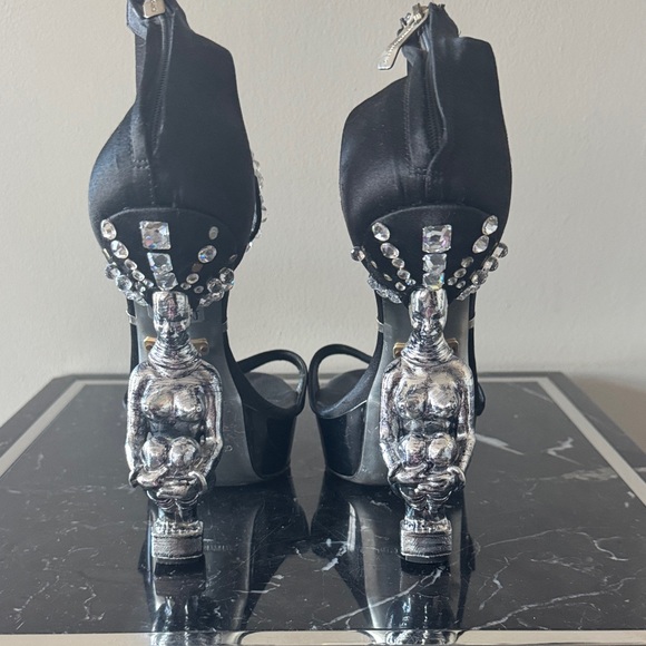 Gianmarco Lorenzi Black Satin Crystal Sandals Heels with Sculpted Nubian heel 40 - Picture 4 of 5